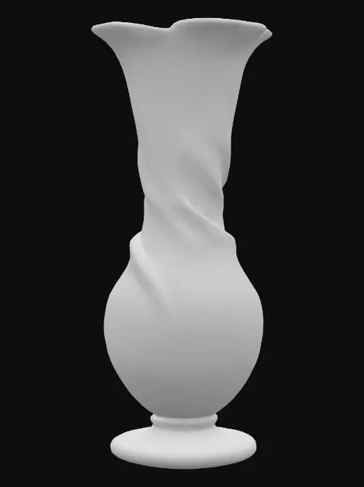 3D model for A hand-blown vase in carnival glass with a spiral twist form, the ridges catching light in shifting bands of ruby, teal, gold, and violet. The base is dark and reflective, intensifying the rainbow oil-slick highlights as they curve up the tall, elegant silhouette. White background.

