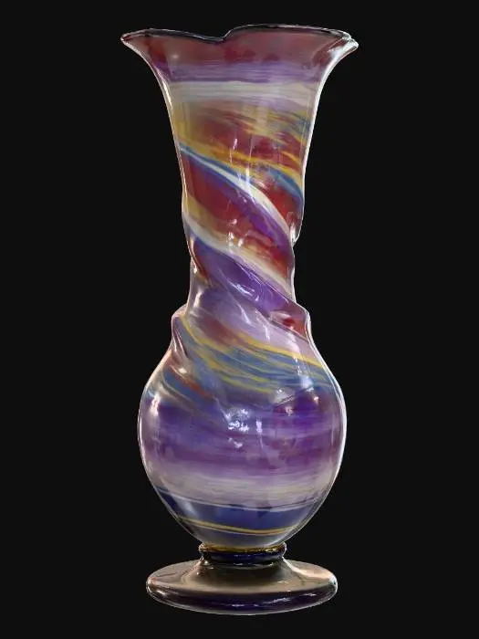3D model for A hand-blown vase in carnival glass with a spiral twist form, the ridges catching light in shifting bands of ruby, teal, gold, and violet. The base is dark and reflective, intensifying the rainbow oil-slick highlights as they curve up the tall, elegant silhouette. White background.

