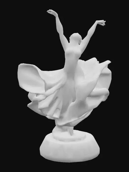 3D model for A dynamic glass statue of a dancer mid-twirl, translucent carnival glass cloth swirling dramatically around her legs. The twisting drapery refracts fiery orange, emerald, and sapphire hues beneath a dark, glossy surface. Her arched posture creates a sense of motion frozen in glass. White background.

