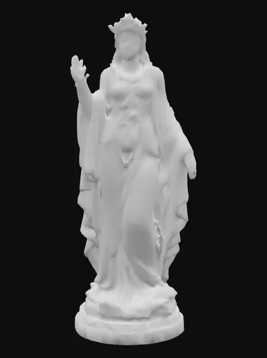 3D model for A life-sized glass statue of a serene goddess standing tall, one hand raised in blessing, the other gathering flowing drapery at her side. The cloth cascades in rippling folds, catching shimmering rainbow oil-slick highlights over a deep, obsidian glass base. Each fold refracts molten gold, ruby, and violet light. White background.