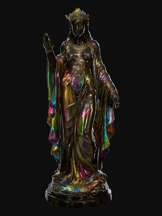 3D model for A life-sized glass statue of a serene goddess standing tall, one hand raised in blessing, the other gathering flowing drapery at her side. The cloth cascades in rippling folds, catching shimmering rainbow oil-slick highlights over a deep, obsidian glass base. Each fold refracts molten gold, ruby, and violet light. White background.
