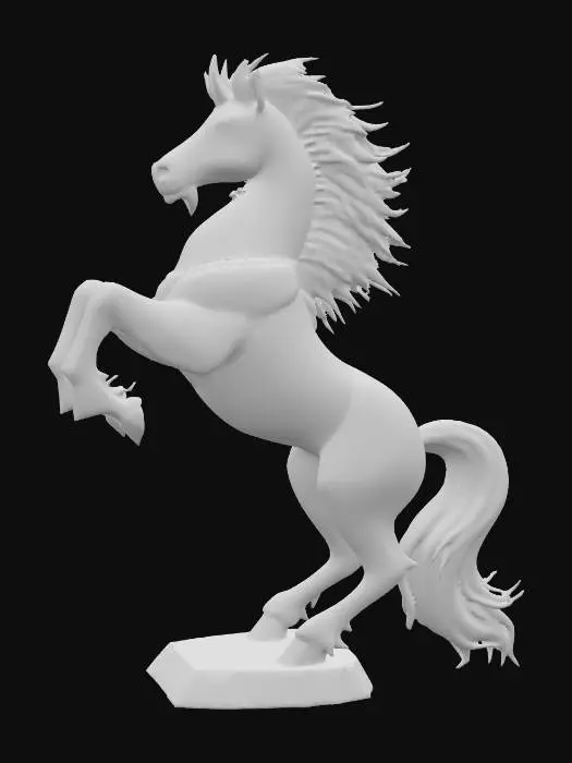 3D model for A stylized carnival glass stallion rearing high on its hind legs, body stretched tall and lean. The mane and tail stream upward in sharp, flame-like glass shards, glowing with molten orange, sapphire, and violet reflections across the polished surface. White background.