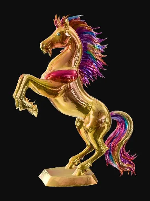 3D model for A stylized carnival glass stallion rearing high on its hind legs, body stretched tall and lean. The mane and tail stream upward in sharp, flame-like glass shards, glowing with molten orange, sapphire, and violet reflections across the polished surface. White background.