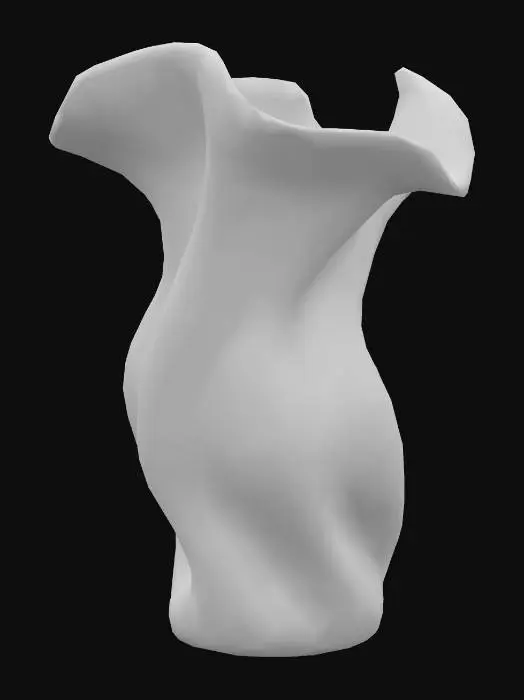 3D model for A sculptural carnival glass vase with an organic, twisting shape, resembling solidified smoke in shades of deep sapphire and shimmering violet. Its surface possesses a smooth, polished texture that reveals an internal network of jagged, glowing electric blue fissures and fine cracks. The vase emits a cool, constant luminescence from within, making its iridescent exterior shift dynamically, feeling both substantial and strangely fragile.