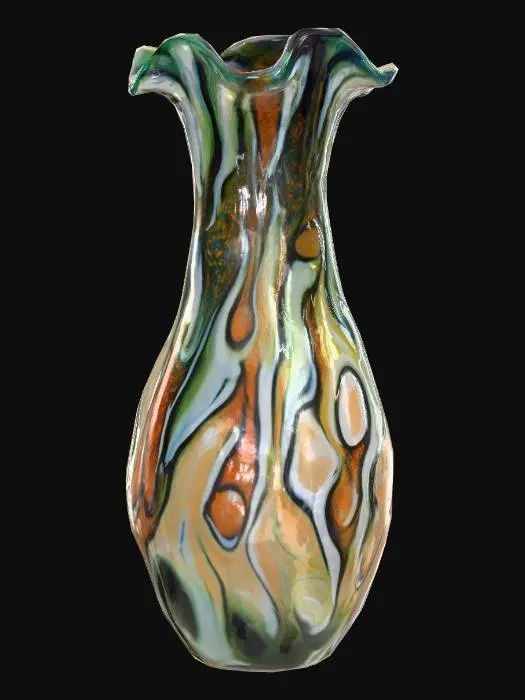 3D model for An elongated, abstract carnival glass vase with a fluid, melting appearance in hues of iridescent bronze and deep green. Its unique texture is characterized by flowing, molten ripples on the exterior and visible internal bubbles. A warm, fiery orange light glows from its core, vividly illuminating intricate, tree-like veins and branching cracks that spiderweb across its otherwise smooth, cool surface.