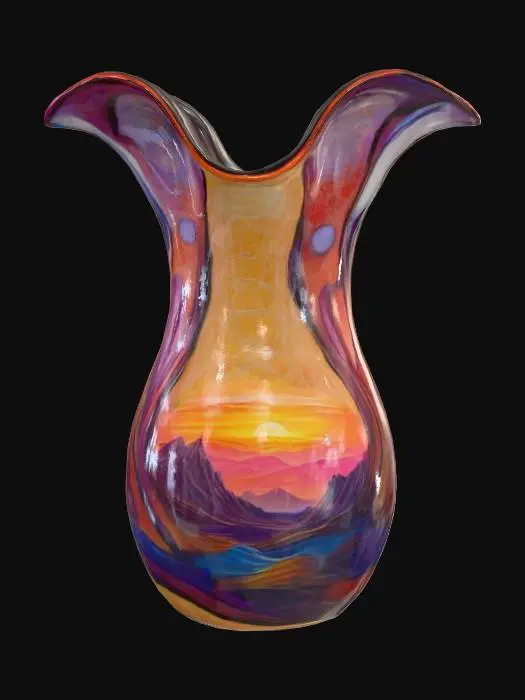 3D model for An abstract, free-form carnival glass vase, its body sculpted into an undulating, wave-like shape with a shimmering marigold base. Its surface boasts a unique, slightly rippled texture, creating an oil-slick rainbow effect. From within, a soft, ethereal golden light emanates, highlighting intricate, web-like cracks and glowing veins that seem to pulse through its translucent, iridescent form, feeling cool and fluid to the touch.