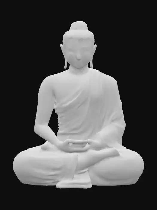 3D model for A seated male monk statue in meditative pose, his opal-textured surface swirling with vibrant greens, violets, and golds. Fine glowing cracks trace across his folded hands and serene face, radiating warm amber light. Emissive specks float within the opal as if suspended in glass. White background.