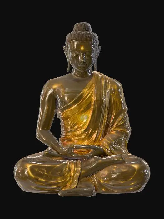 3D model for A seated male monk statue in meditative pose, his opal-textured surface swirling with vibrant greens, violets, and golds. Fine glowing cracks trace across his folded hands and serene face, radiating warm amber light. Emissive specks float within the opal as if suspended in glass. White background.