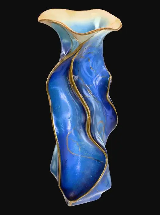 3D model for A sculptural porcelain vase, featuring an organic, undulating form in a pristine, unglazed bisque finish. Its surface possesses a velvety, matte texture that absorbs light, contrasted by delicate, hand-painted gold leaf accents along its rippling edges, which catch and reflect light with a luxurious sheen. The vase feels surprisingly lightweight yet substantial, embodying a refined, artistic elegance.