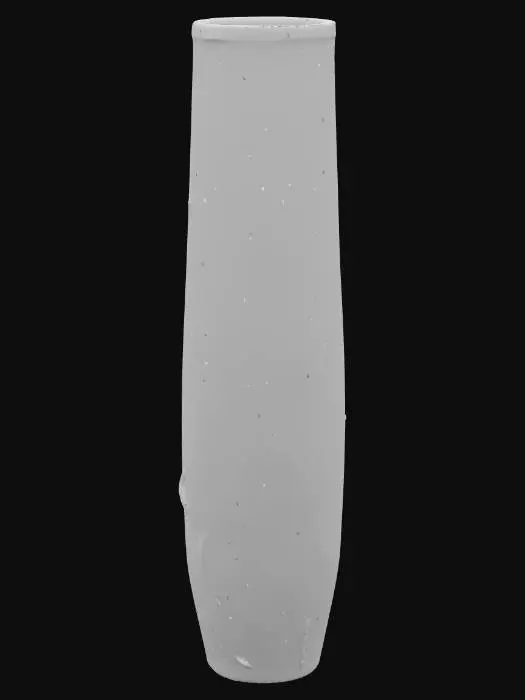 3D model for A tall, slender decorative vase, its entire surface covered in a unique mosaic-like pattern of irregular geometric shapes. These forms are outlined by delicate gold lines and filled with a gradient of colors, transitioning from deep blue at the top to bright turquoise towards the base, resembling shifting water reflections. The vase has a smooth, glossy glass or glazed ceramic texture, feeling cool and subtly textured where the gold outlines are raised, crowned with a gold rim.