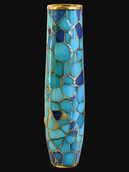 3D model for A tall, slender decorative vase, its entire surface covered in a unique mosaic-like pattern of irregular geometric shapes. These forms are outlined by delicate gold lines and filled with a gradient of colors, transitioning from deep blue at the top to bright turquoise towards the base, resembling shifting water reflections. The vase has a smooth, glossy glass or glazed ceramic texture, feeling cool and subtly textured where the gold outlines are raised, crowned with a gold rim.