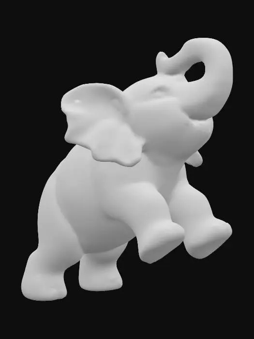 3D model for A playful ceramic elephant calf figurine, depicted with its trunk playfully raised and ears flapping, in a short, robust stance. Its rotund body and thick limbs are covered in a glossy two-tone glaze: a rich, dark brown on its back and outer legs, complemented by a soft, creamy beige on its belly and ear interiors. The smooth, cool sculpture feels solid and substantial, conveying youthful exuberance.