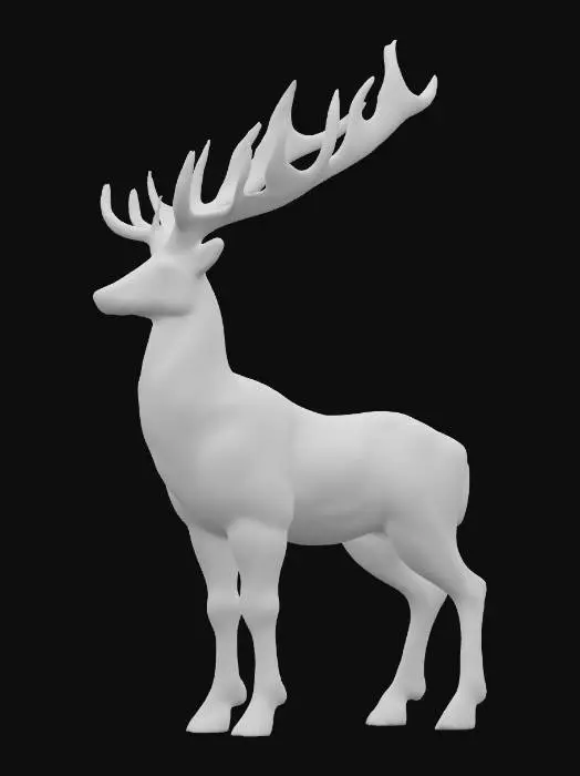3D model for A majestic glossy ceramic sculpture of a standing stag with long antlers, rich brown and creamy ivory glaze, high-polish finish, handcrafted sculptural detailing, soft cinematic lighting, ultra-detailed 3D render, dark gradient background.

