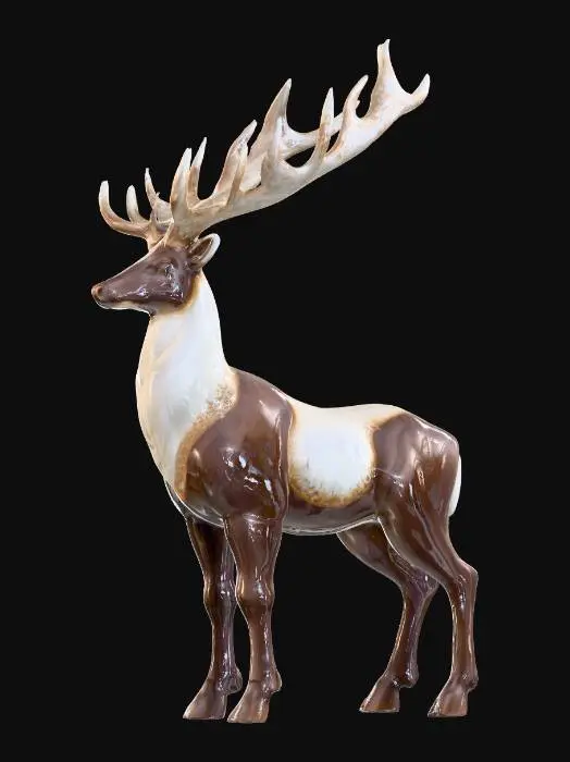 3D model for A majestic glossy ceramic sculpture of a standing stag with long antlers, rich brown and creamy ivory glaze, high-polish finish, handcrafted sculptural detailing, soft cinematic lighting, ultra-detailed 3D render, dark gradient background.
