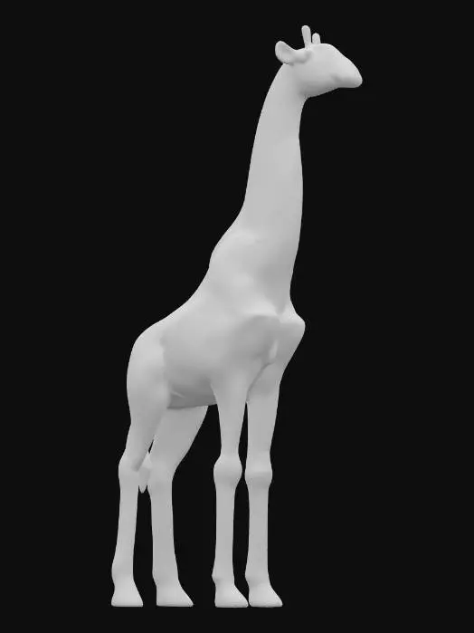 3D model for An elegant ceramic giraffe figurine, standing tall and slender with its long neck gracefully arched. Its smooth form is covered in a glossy two-tone glaze; a deep, polished dark brown forms its distinctive patches, contrasted by creamy beige for the base coat and legs. The surface is cool and fluid to the touch, reflecting light beautifully, emphasizing its majestic and towering presence.