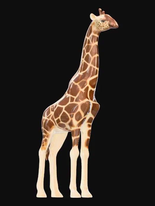 3D model for An elegant ceramic giraffe figurine, standing tall and slender with its long neck gracefully arched. Its smooth form is covered in a glossy two-tone glaze; a deep, polished dark brown forms its distinctive patches, contrasted by creamy beige for the base coat and legs. The surface is cool and fluid to the touch, reflecting light beautifully, emphasizing its majestic and towering presence.