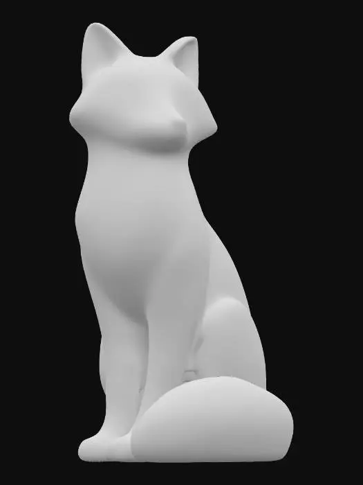 3D model for A minimalistic glossy ceramic sculpture of a sitting fox, stylized body with soft edges, polished glaze in chestnut brown and creamy beige, highly reflective glossy finish, modern decorative aesthetic, cinematic render, dark gradient background.
