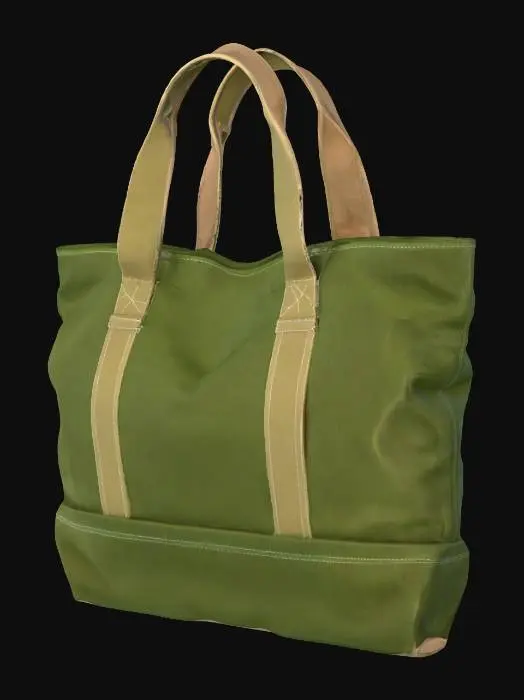 3D model for A utilitarian canvas tote bag, crafted from heavy-duty, deep forest green canvas, giving it a rich, earthy color. Its classic rectangular shape is reinforced with strong stitching, and the rough, tightly woven fabric feels exceptionally sturdy and durable to the touch. It features a wide, open top and two robust canvas handles, offering a firm, somewhat coarse grip. The material is dense and firm, yet naturally flexible, perfect for carrying heavy loads.