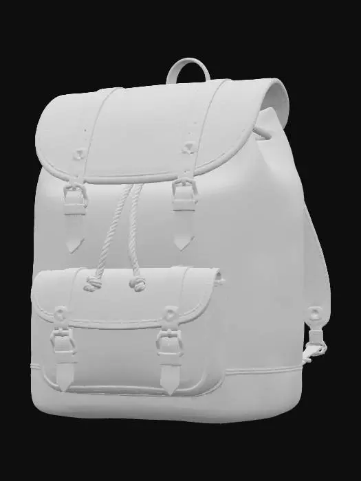 3D model for A vintage-inspired hiker's backpack, crafted from rich, forest-green full-grain leather that exhibits a matte, slightly worn texture. Its main compartment is a rounded, spacious barrel shape with a drawstring closure, covered by a large top flap secured with antique brass buckles. The leather feels sturdy and robust, developing a beautiful patina over time, giving it a classic, earthy appeal with a comfortable, substantial weight.