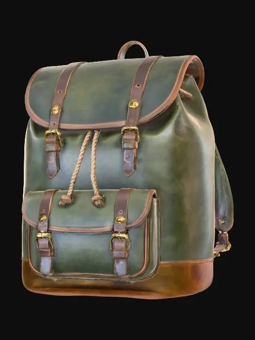 3D model for A vintage-inspired hiker's backpack, crafted from rich, forest-green full-grain leather that exhibits a matte, slightly worn texture. Its main compartment is a rounded, spacious barrel shape with a drawstring closure, covered by a large top flap secured with antique brass buckles. The leather feels sturdy and robust, developing a beautiful patina over time, giving it a classic, earthy appeal with a comfortable, substantial weight.