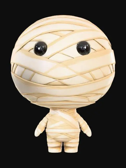 3D model for Chibi-stylized Pop Mart-style toy figure. 
Oversized head wrapped in chunky bandages, ivory albedo gradient with beige shading, 
small chibi body in bandage outfit with simplified folds, 
matte toy-like plastic surface, 
cute round eyes peeking out, Pop Mart blind box style.