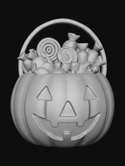 3D model for Clay-like stylized 3D model of a Halloween candy bucket shaped like a pumpkin head. 
Chunky simplified form, matte clay surface with slight clay grain. 
Bucket in gradient orange tones, filled with toy-like candy pieces in saturated colors. 
Rendered with soft studio lighting and ambient occlusion.