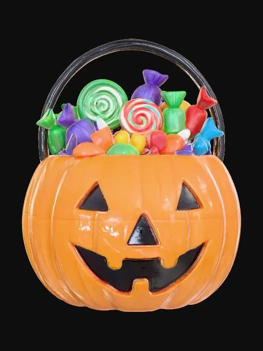 3D model for Clay-like stylized 3D model of a Halloween candy bucket shaped like a pumpkin head. 
Chunky simplified form, matte clay surface with slight clay grain. 
Bucket in gradient orange tones, filled with toy-like candy pieces in saturated colors. 
Rendered with soft studio lighting and ambient occlusion.