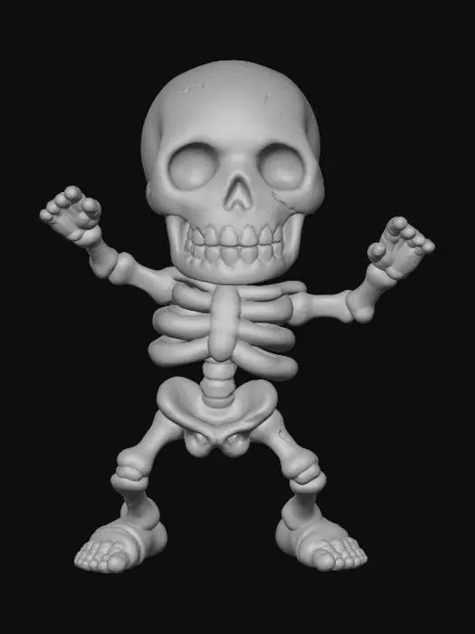 3D model for Clay-like stylized 3D model of a skeleton in a goofy dancing pose with chunky toy-like bones. 
Matte clay surface with subtle imperfections. chibi
Bone gradient from ivory white to light beige, exaggerated proportions with oversized head and hands. 
Rendered with soft studio lighting and shadows.