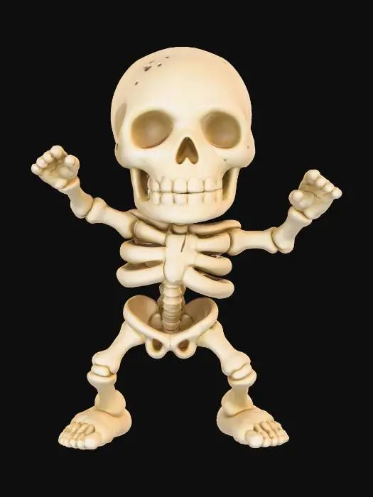 3D model for Clay-like stylized 3D model of a skeleton in a goofy dancing pose with chunky toy-like bones. 
Matte clay surface with subtle imperfections. chibi
Bone gradient from ivory white to light beige, exaggerated proportions with oversized head and hands. 
Rendered with soft studio lighting and shadows.