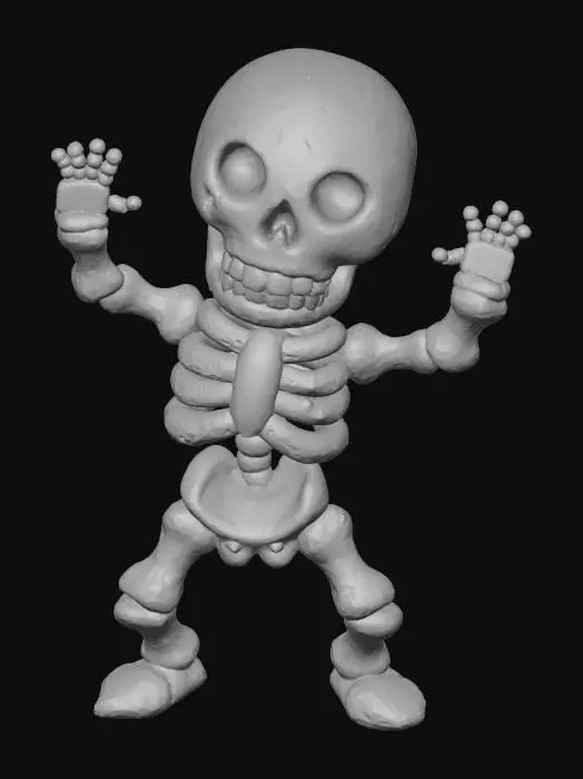 3D model for Clay-like stylized 3D model of a skeleton in a goofy dancing pose with chunky toy-like bones.
Matte clay surface with subtle imperfections.
Bone gradient from ivory white to light beige, exaggerated proportions with oversized head and hands.
Rendered with soft studio lighting and shadows.