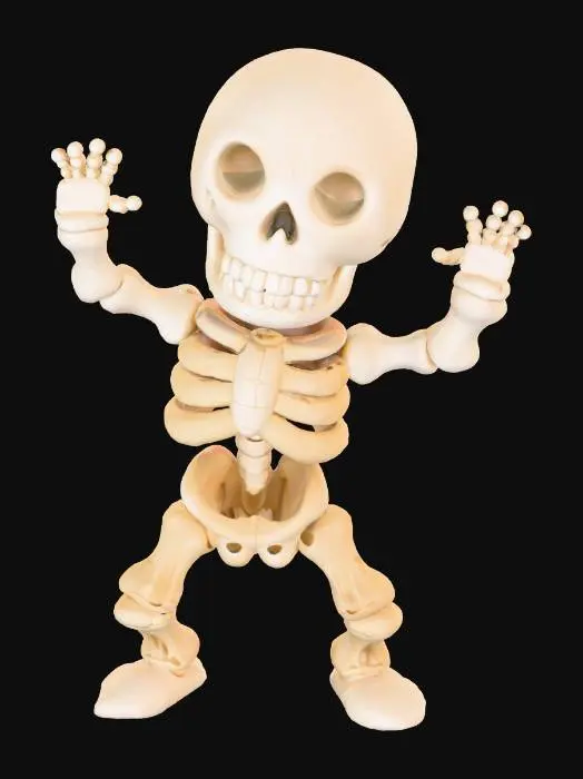 3D model for Clay-like stylized 3D model of a skeleton in a goofy dancing pose with chunky toy-like bones.
Matte clay surface with subtle imperfections.
Bone gradient from ivory white to light beige, exaggerated proportions with oversized head and hands.
Rendered with soft studio lighting and shadows.