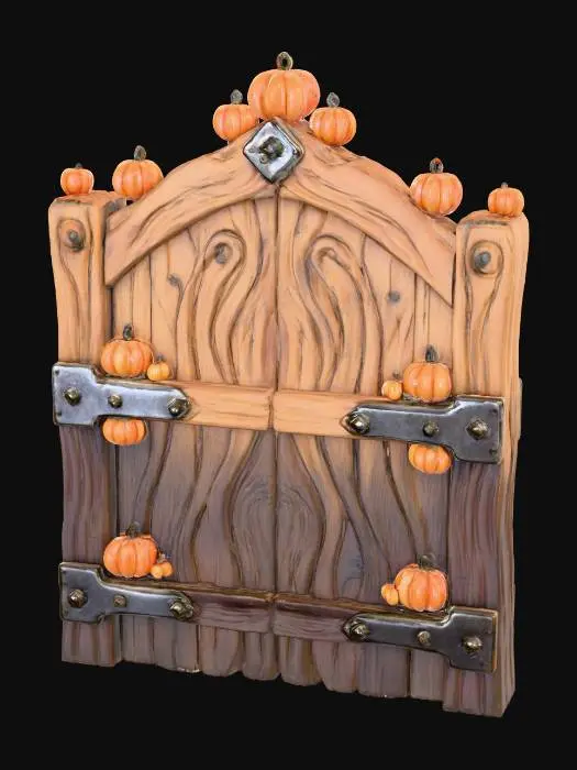 3D model for Stylized PBR 3D model of a large wooden gate decorated with pumpkins.
Wood albedo gradient with stylized grooves,
pumpkin accents emissive orange glow,
metal hinges with roughness variation,
AO baked in recesses.