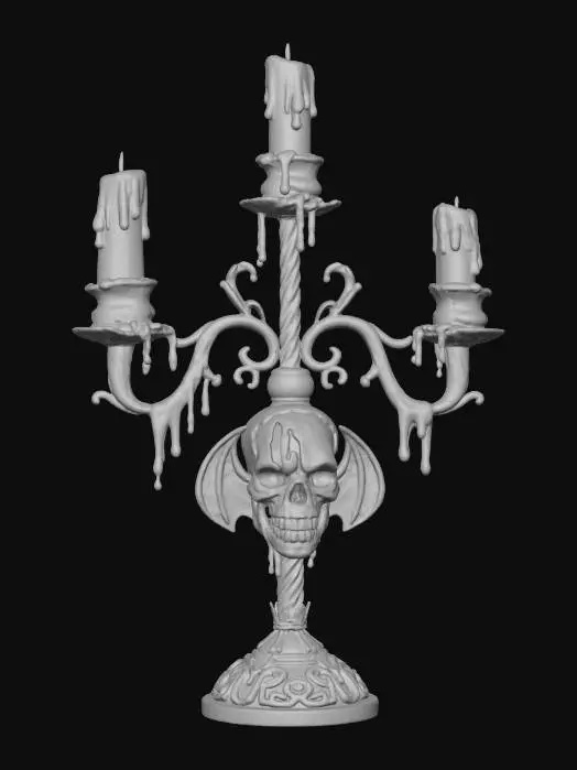 3D model for An antique silver candelabra, intricately designed with twisting branches and a large gothic Skull motif, holding three half-melted, drippy orange candles.  Wax drips down the sides of the candelabra, hardened and glossy, adding to its eerie, aged elegance. #Halloween2025#