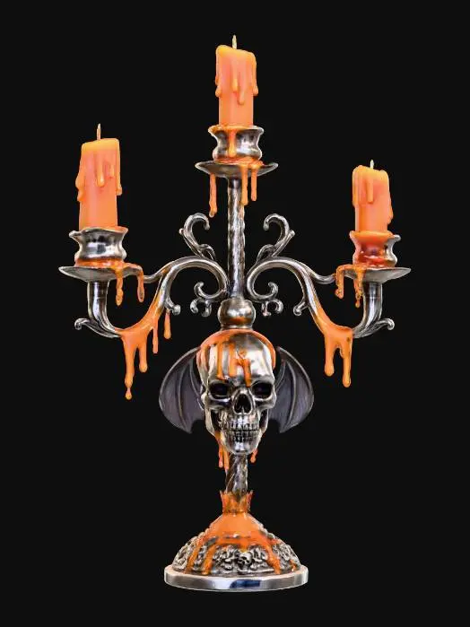 3D model for An antique silver candelabra, intricately designed with twisting branches and a large gothic Skull motif, holding three half-melted, drippy orange candles.  Wax drips down the sides of the candelabra, hardened and glossy, adding to its eerie, aged elegance. #Halloween2025#