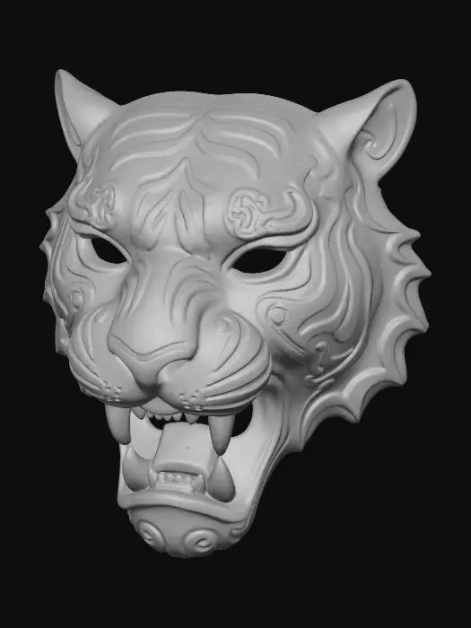 3D model for A vibrant, intricately carved wooden mask depicting a stylized tiger, painted in a robust palette of fiery orange, deep charcoal, and jungle green. The wood texture is subtly visible beneath the matte, distressed paint finish, highlighting its distinctive stripes and powerful roar. Adorned with flame-like patterns around its face and powerful tribal lines along its muscular cheeks, it exudes an ancient, untamed aura.