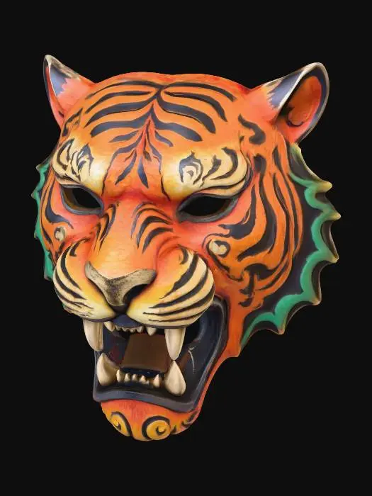3D model for A vibrant, intricately carved wooden mask depicting a stylized tiger, painted in a robust palette of fiery orange, deep charcoal, and jungle green. The wood texture is subtly visible beneath the matte, distressed paint finish, highlighting its distinctive stripes and powerful roar. Adorned with flame-like patterns around its face and powerful tribal lines along its muscular cheeks, it exudes an ancient, untamed aura.