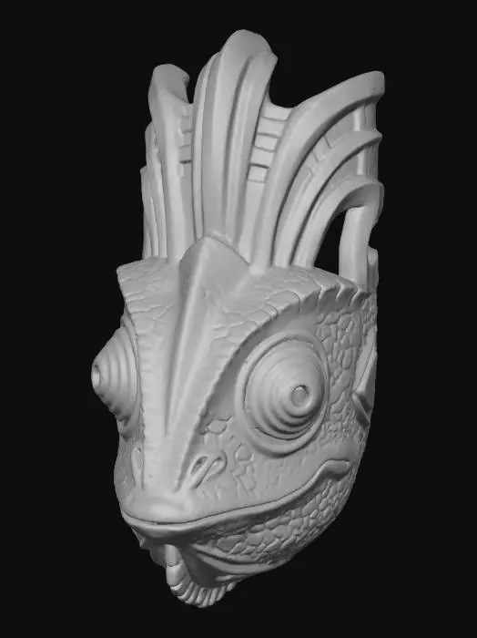 3D model for A vibrant, intricately carved wooden mask depicting a stylized chameleon, painted in a robust palette of shifting lime green, sunset orange, and deep turquoise. The wood texture is subtly visible beneath the matte, distressed paint finish, highlighting its bulging eyes and textured skin. Adorned with scale-like patterns around its face and powerful tribal lines along its unique crest, it exudes an ancient, enigmatic aura.