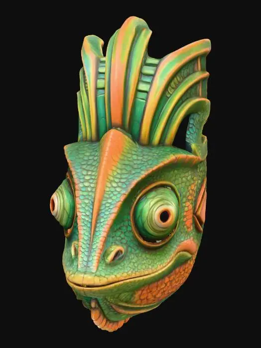 3D model for A vibrant, intricately carved wooden mask depicting a stylized chameleon, painted in a robust palette of shifting lime green, sunset orange, and deep turquoise. The wood texture is subtly visible beneath the matte, distressed paint finish, highlighting its bulging eyes and textured skin. Adorned with scale-like patterns around its face and powerful tribal lines along its unique crest, it exudes an ancient, enigmatic aura.