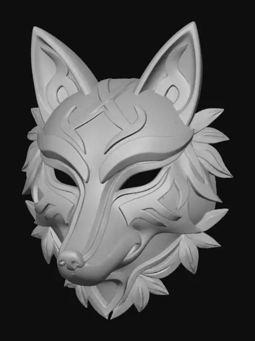 3D model for A vibrant, intricately carved wooden mask depicting a stylized fox, painted in a robust palette of rusty red, snowy white, and twilight blue. The wood texture is subtly visible beneath the matte, distressed paint finish, highlighting its sly muzzle and pointed ears. Adorned with leafy patterns around its face and powerful tribal lines along its clever eyes, it exudes an ancient, cunning aura.