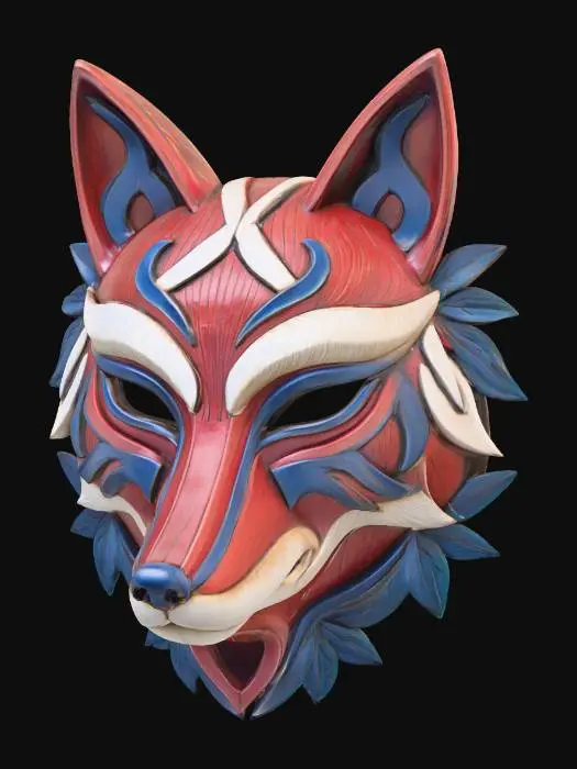 3D model for A vibrant, intricately carved wooden mask depicting a stylized fox, painted in a robust palette of rusty red, snowy white, and twilight blue. The wood texture is subtly visible beneath the matte, distressed paint finish, highlighting its sly muzzle and pointed ears. Adorned with leafy patterns around its face and powerful tribal lines along its clever eyes, it exudes an ancient, cunning aura.