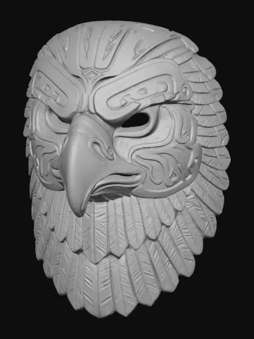 3D model for A vibrant, intricately carved wooden mask depicting a stylized eagle, painted in a robust palette of sky blue, rusted iron, and snowy white. The wood texture is subtly visible beneath the matte, distressed paint finish, highlighting its sharp beak and piercing gaze. Adorned with feathered wing patterns around its face and powerful tribal lines along its brow, it exudes an ancient, soaring aura.