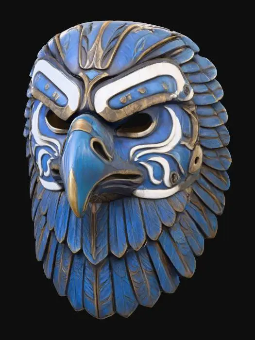 3D model for A vibrant, intricately carved wooden mask depicting a stylized eagle, painted in a robust palette of sky blue, rusted iron, and snowy white. The wood texture is subtly visible beneath the matte, distressed paint finish, highlighting its sharp beak and piercing gaze. Adorned with feathered wing patterns around its face and powerful tribal lines along its brow, it exudes an ancient, soaring aura.