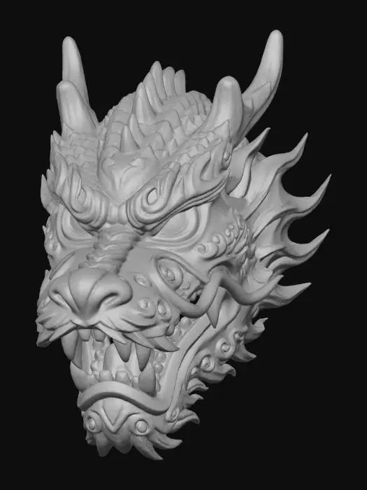 3D model for A vibrant, intricately carved wooden mask depicting a stylized dragon, painted in a formidable palette of metallic emerald, volcanic red, and smoky black. The wood texture is subtly visible beneath the matte, distressed paint finish, highlighting the sharp edges of its scales and the intense, piercing gaze. Adorned with serpentine scales around its head and mystical cloud patterns along its jaw, it exudes an ancient, mythical aura.