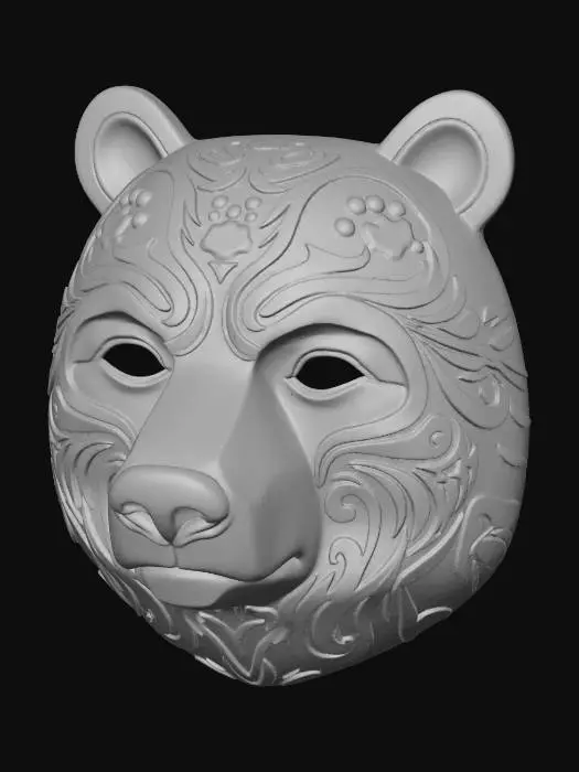 3D model for A vibrant, intricately carved wooden mask depicting a stylized bear, painted in an earthy palette of rich umber, mossy green, and stone grey. The wood texture is subtly visible beneath the matte, distressed paint finish, highlighting the robust structure of its head and the calm strength in its features. Adorned with paw print emblems around its forehead and swirling forest patterns along its jowls, it exudes an ancient, guardian aura.