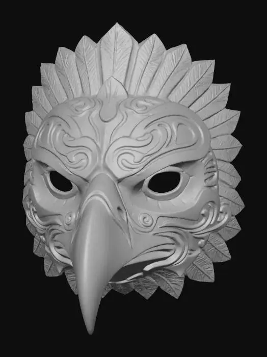 3D model for A vibrant, intricately carved wooden mask depicting a stylized eagle, painted in a noble palette of rusted bronze, sky blue, and stark white. The wood texture is subtly visible beneath the matte, distressed paint finish, highlighting the commanding curve of its beak and the intensity of its stare. Adorned with stylized feather patterns radiating from its head and soaring wind motifs along its cheeks, it exudes an ancient, powerful aura.
