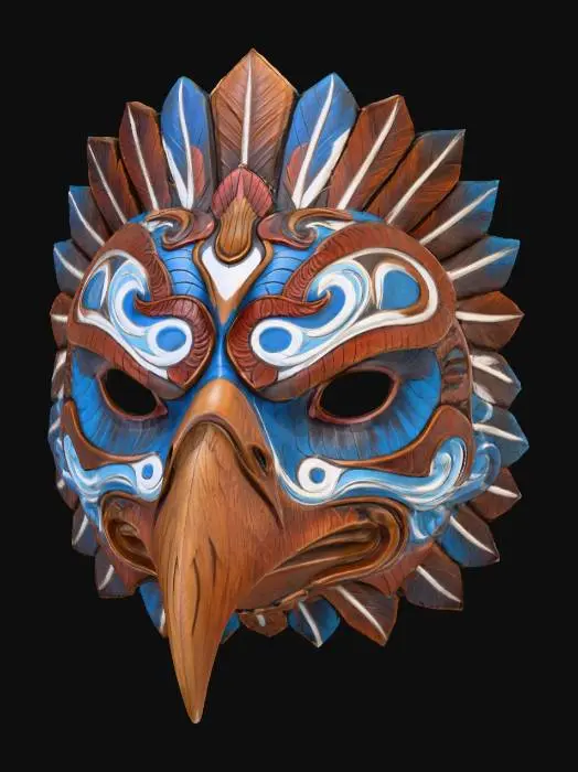 3D model for A vibrant, intricately carved wooden mask depicting a stylized eagle, painted in a noble palette of rusted bronze, sky blue, and stark white. The wood texture is subtly visible beneath the matte, distressed paint finish, highlighting the commanding curve of its beak and the intensity of its stare. Adorned with stylized feather patterns radiating from its head and soaring wind motifs along its cheeks, it exudes an ancient, powerful aura.