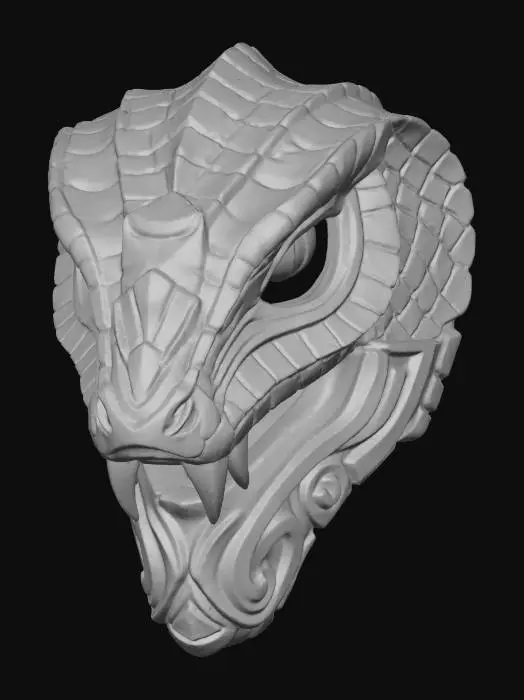 3D model for A vibrant, intricately carved wooden mask depicting a stylized serpent, painted in a striking palette of obsidian black, venomous green, and metallic bronze. The wood texture is subtly visible beneath the matte, distressed paint finish, highlighting the sinuous curves of its body and the piercing intensity of its gaze. Adorned with scaled motifs across its headpiece and abstract tribal patterns along its jawline, it exudes an ancient, potent aura.