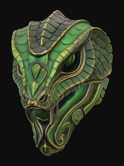 3D model for A vibrant, intricately carved wooden mask depicting a stylized serpent, painted in a striking palette of obsidian black, venomous green, and metallic bronze. The wood texture is subtly visible beneath the matte, distressed paint finish, highlighting the sinuous curves of its body and the piercing intensity of its gaze. Adorned with scaled motifs across its headpiece and abstract tribal patterns along its jawline, it exudes an ancient, potent aura.