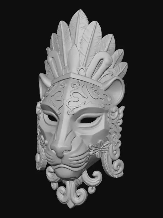 3D model for A vibrant, intricately carved wooden mask depicting a stylized jaguar, painted in a palette of deep teal, fiery orange, and lush emerald green. The wood texture is subtly visible beneath the matte, distressed paint finish, highlighting the sharp edges and gentle curves of its ceremonial features. Adorned with feather-like motifs around the headpiece and swirling floral patterns along the cheeks, it exudes an ancient, mystical aura.