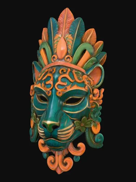 3D model for A vibrant, intricately carved wooden mask depicting a stylized jaguar, painted in a palette of deep teal, fiery orange, and lush emerald green. The wood texture is subtly visible beneath the matte, distressed paint finish, highlighting the sharp edges and gentle curves of its ceremonial features. Adorned with feather-like motifs around the headpiece and swirling floral patterns along the cheeks, it exudes an ancient, mystical aura.